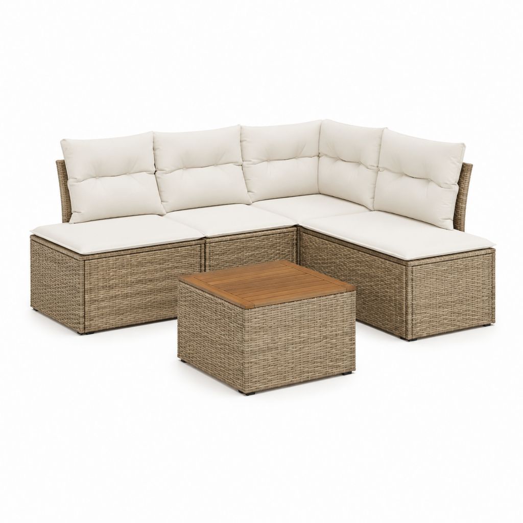 4-teiliges Gartenlounge-Set Ecksofa Beige PE-Rattan L-Form 205 x 205 x 84 cm mit Couchtisch