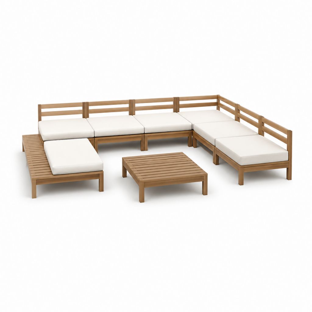 Gartenlounge Set aus Akazienholz in Braun mit cremefarbenen Polyesterkissen 300 x 300 cm