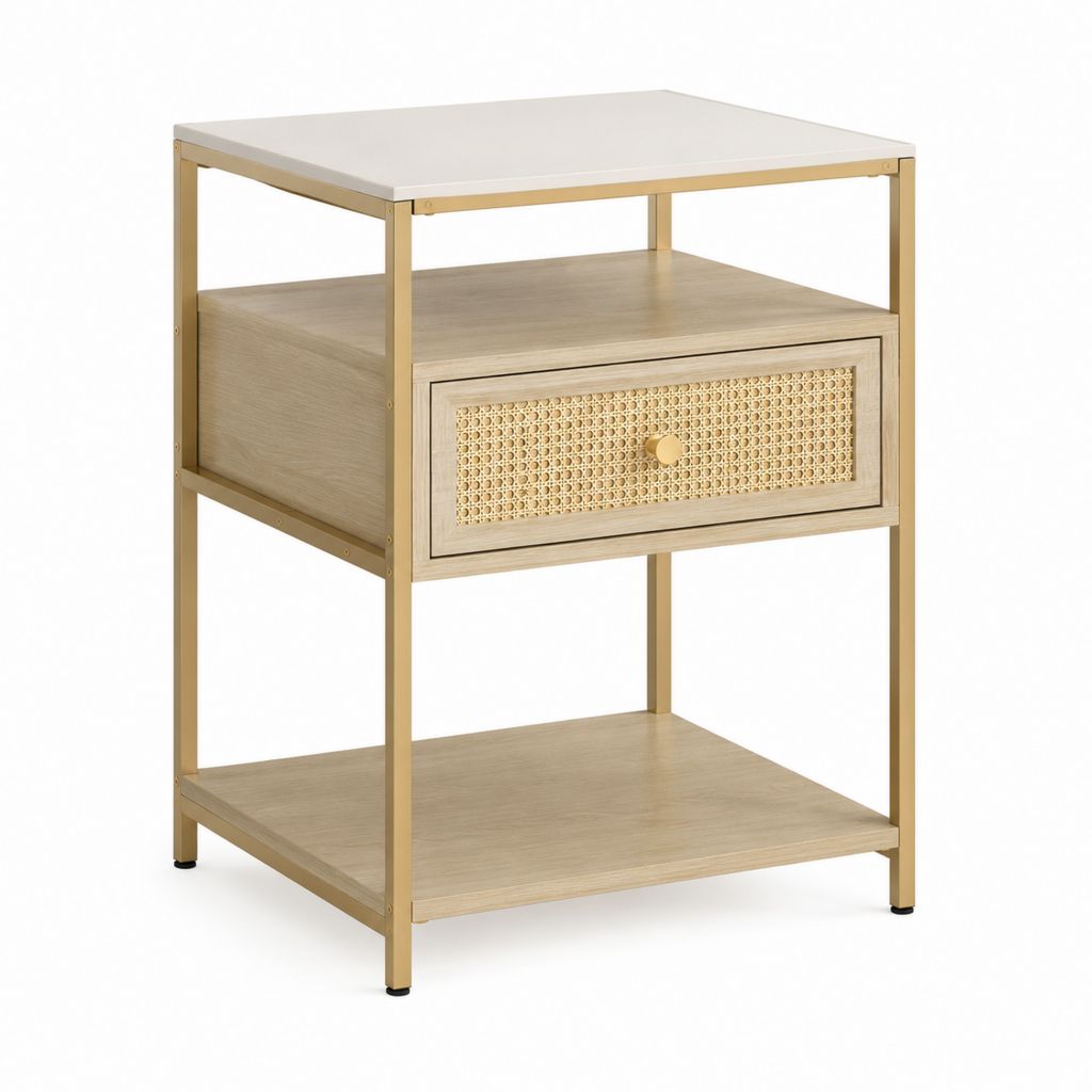 Nachttisch mit Schublade und Ablage Eichenoptik Gold Stahl 40 x 40 x 60 cm