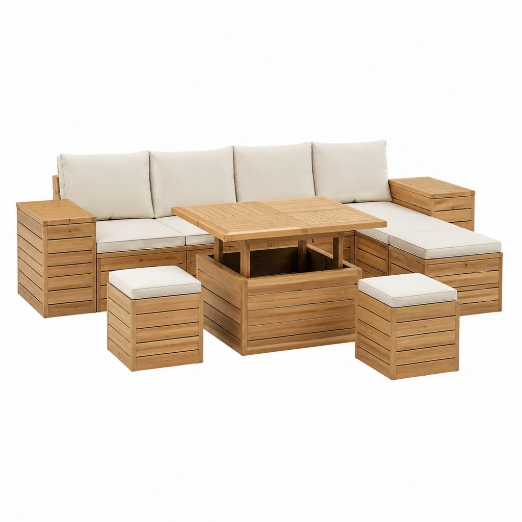 Gartensofa Lounge-Set aus Akazien-Massivholz Naturbeige mit Tisch und 2 Hockern 220 x 135 x 71 cm